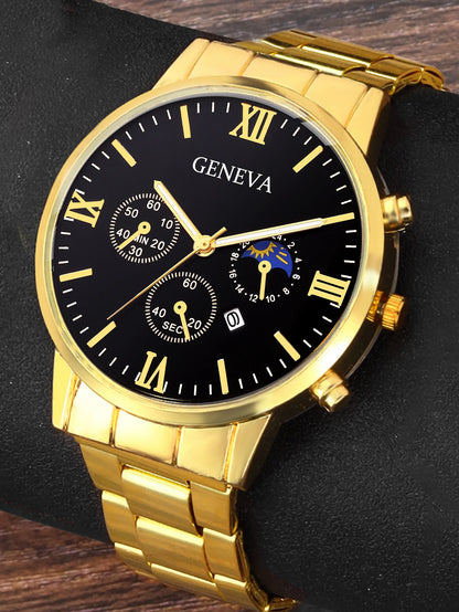 Men's Trendy Quartz Watch Set with Bracelet Necklace Ring Calendar Function Birthday Gift Not including Box