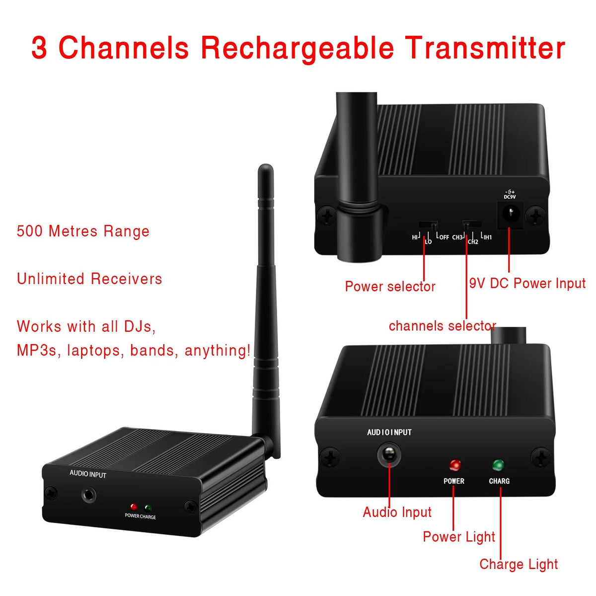 3 Channel Silent Disco Wireless Headphones Bundle with 500m Distance Transmitter for Entertainment Party