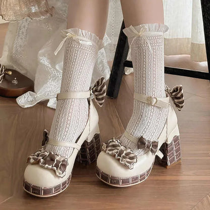 Sweet Girls Lolita High Heels Platform Shoes ,Young Women Students Cute Chocolate Candy Bowknots Ankle Strap Mary Janes