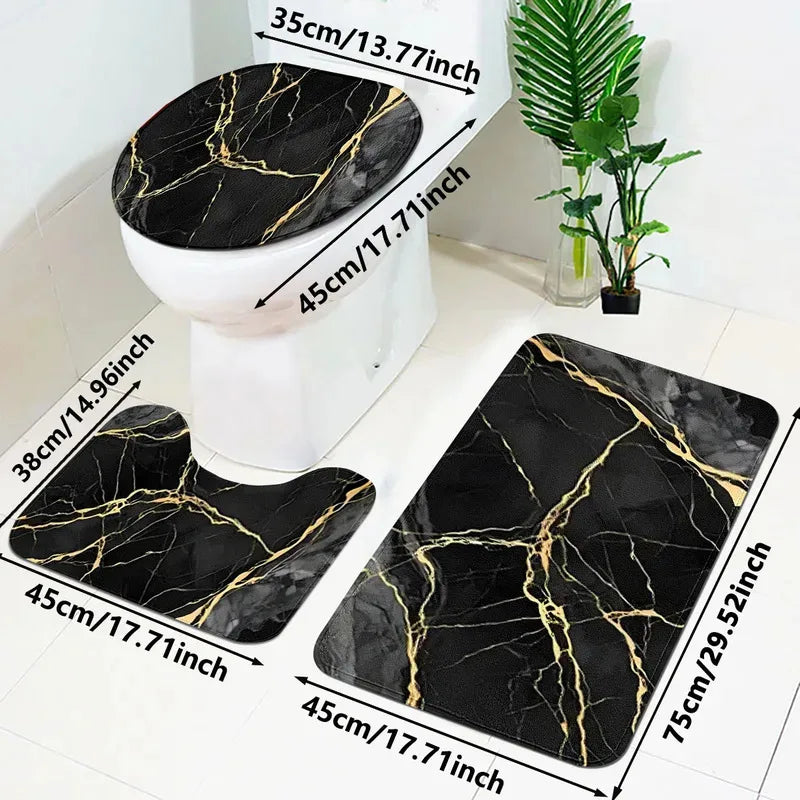 VIKAMA Gold Marble Bath Mat Set, 3PCS Non-Slip Absorbent Rugs for Bathroom Floor, Shower, Toilet