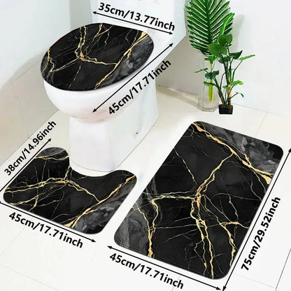VIKAMA Gold Marble Bath Mat Set, 3PCS Non-Slip Absorbent Rugs for Bathroom Floor, Shower, Toilet