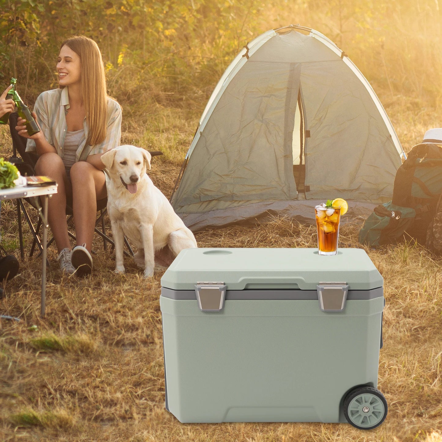 45L Insulated Wheeled Portable Cooler, Long Ice Retention Green Cooler Box, Outdoor Refrigerated Cooler for Fishing with Handle,for Boating, Camping, Travel & Picnic