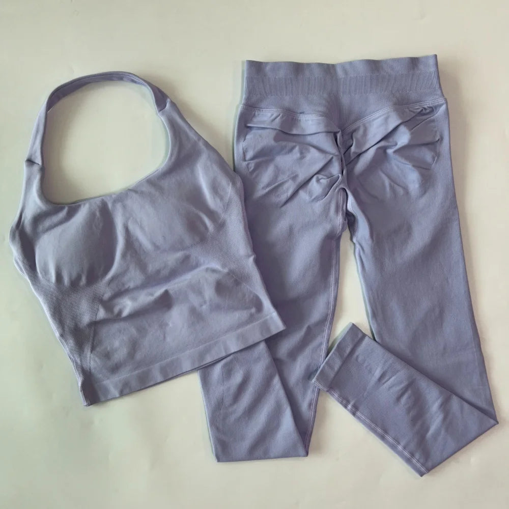 1-2pcs Gym Set Women Backless Tank Tops High Waist Scrunch Seamless Shorts High Waist Yoga Leggings Workout Sets Gym Suit