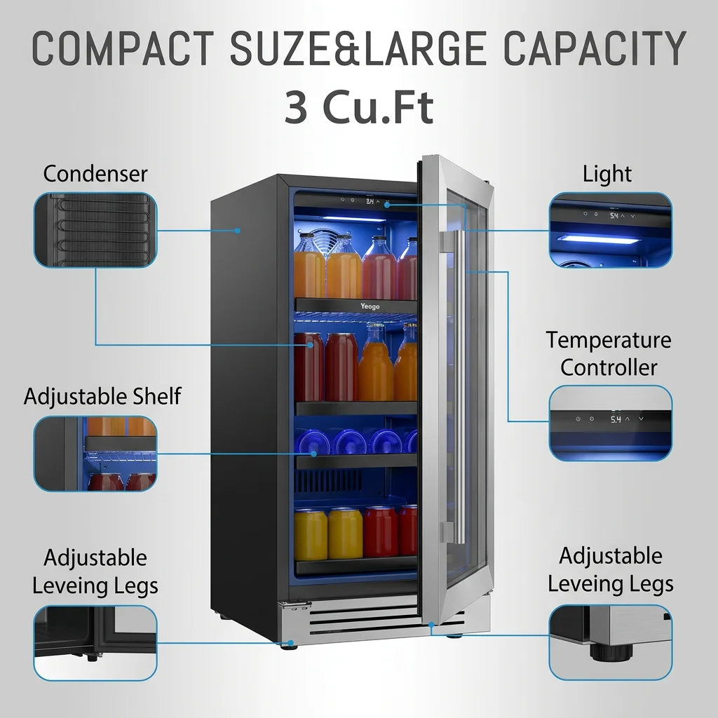 Under Counter Beverage Cooler 85L Built-in Refrigerator 80 Cans Fast Cooling 34°F-54°F 3.0 cu ft Stainless Steel Freestanding Wine Beer Fridge for Kitchen Bar