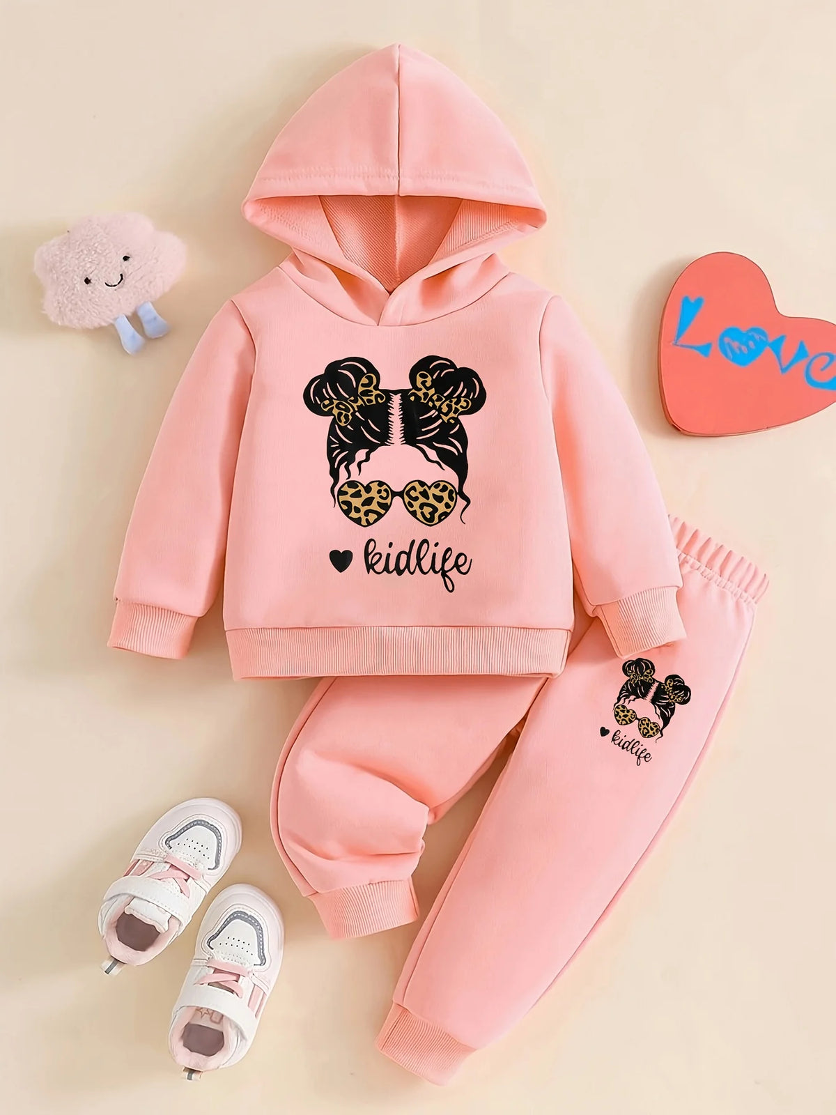 Adorable Baby Girl Cartoon Print Fleece Hoodie & Jogger Set - Perfect for Spring/Autumn Outdoor Activities