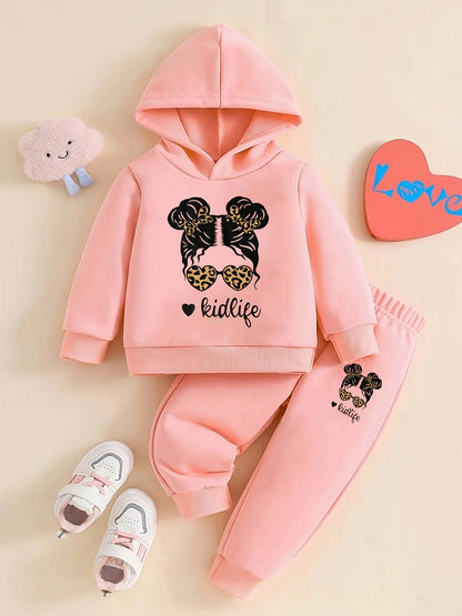 Adorable Baby Girl Cartoon Print Fleece Hoodie & Jogger Set - Perfect for Spring/Autumn Outdoor Activities