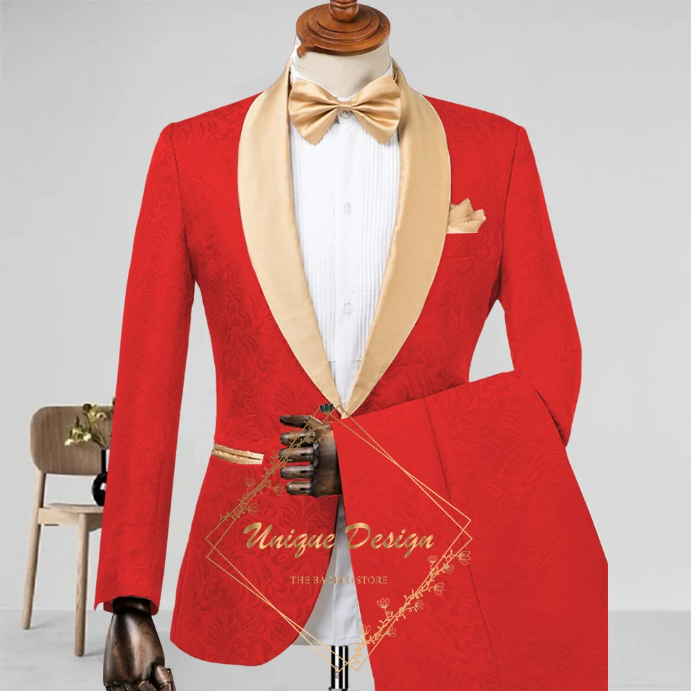 Champagne Men's Suit 2-Piece Set Satin Shawl Lapel Jacquard Jacket Pants Elegant Set for Wedding Groom Summer Party Dating Prom