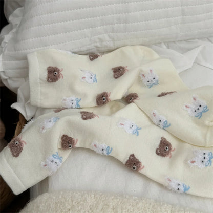 SP&CITY Cute Rabbit Bear Middle Socks for Women Trendy Casual Cartoon Cotton Socks College Style Sweet Girl Breathable Socks