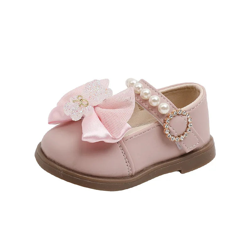 Baby Girl Leather Shoes Kids Bow Pearl Princess Shoes Shallow Soft Sole Cute First Walkers Infant Toddler Cartoon Single Shoes