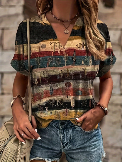 Plus Size Women's V-Neck Fold Sleeve T-Shirt - Ethnic Floral Print Loose Fit Blouse, Fashionable & Elegant Summer Casual Top