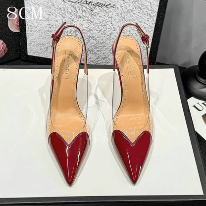 2026 Summer New Fairy-style Heart-shaped Pointed Toe Thin Heel Sandals for Women Transparent Patchwork Headpiece Back High Heels