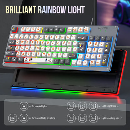 Mecha Style Gaming Wired Keyboard Mouse Set Rainbow Glow Backlit 98 Keys Metal Panel Laptop Desktop