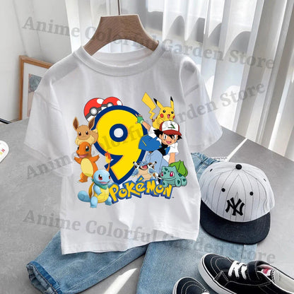 Anime Pokemons Kawaii T-shirts for Children Pikachu Cartoon Number Printed Short-sleeved Top Boys Girls Summer Fashion T-shirt