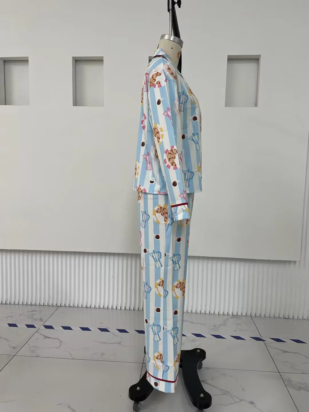 Hirigin Women's 2 Piece Lounge Set Fashion Long Sleeve Pattern Print Shirt Wide Leg Pants Sleepwear Sets for Winter Fall