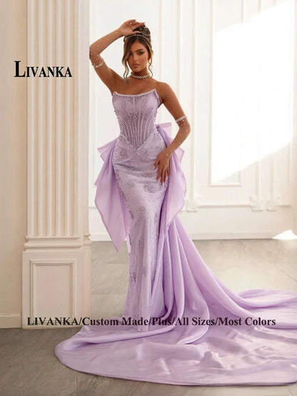 LIVANKA Exquisite Mermaid Prom Dress Rhinestones Corset Bowknot Lacing Up Strapless Royal Train Vestido De Formatura Customized