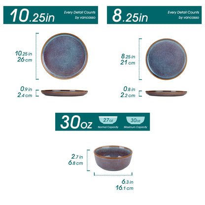 Vancasso 12/16/18/24 Piece Grey-Blue Reactive Glaze Stoneware Plates Set Dinnerware Sets with 4/6 Pcs Dinner Plate/Dessert/Bowl