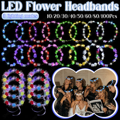 10-100Pcs LED Flower Headbands Light up Flower Headband Glow in the Dark Headband Wedding Party Music Festival Favors for Guest