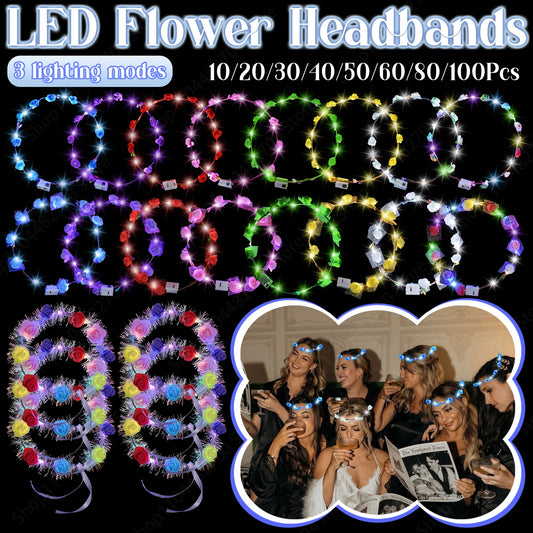 10-100Pcs LED Flower Headbands Light up Flower Headband Glow in the Dark Headband Wedding Party Music Festival Favors for Guest