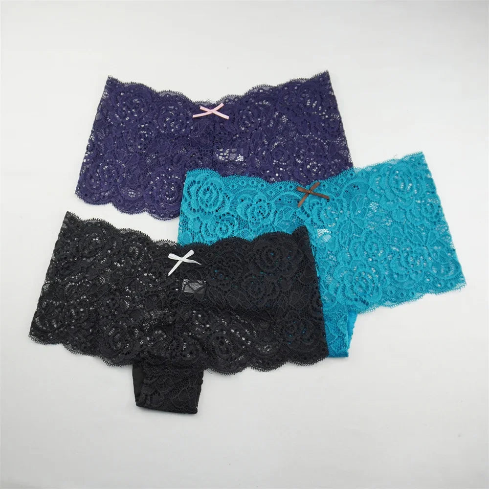 3PCS Transparent Boyshorts Women Underwear Lace Boxers Ladies Plus Size M-XXL Hollow Out Floral Panties Femme Intimates