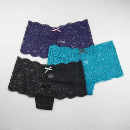 3PCS Transparent Boyshorts Women Underwear Lace Boxers Ladies Plus Size M-XXL Hollow Out Floral Panties Femme Intimates