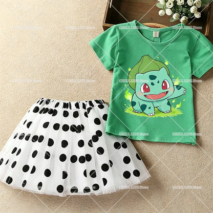 Kawaii Pikachu Eevee T-Shirt Skirt 2pcs Set Pokemon Jigglypuff Toddler Short Sleeve Tee Polka Dot Tutu Skirts Kids Clothes Set