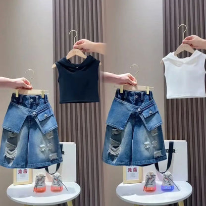 Girls' Set 2026New Mid sized Children's Short sleeved T-shirt Children's Fashionable Girls' Cowboy Five point Shorts 2 piece Set