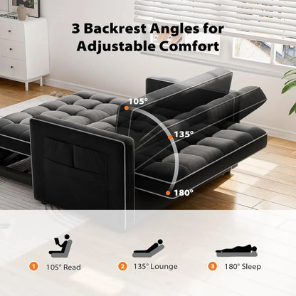 3-in-1 Sleeper Sofa Bed w/ USB & Type-C, Side Pockets, Velvet, Adjustable Backrest, Deep Seat, for Apt/Living Room/Office