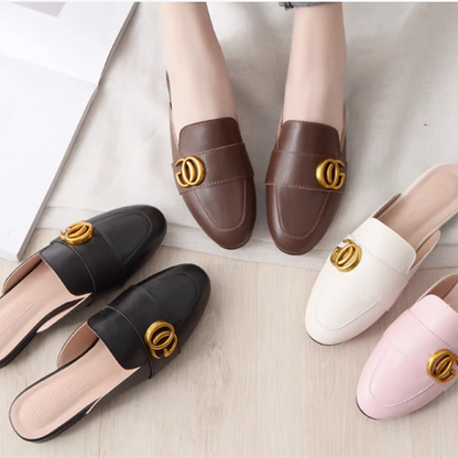 Lady Gold Metal Slides Round Toe Microfiber Soft Bottom For Tender Feet Wide Fits Beige Pink Fashionable Shoes For Summer 44-33