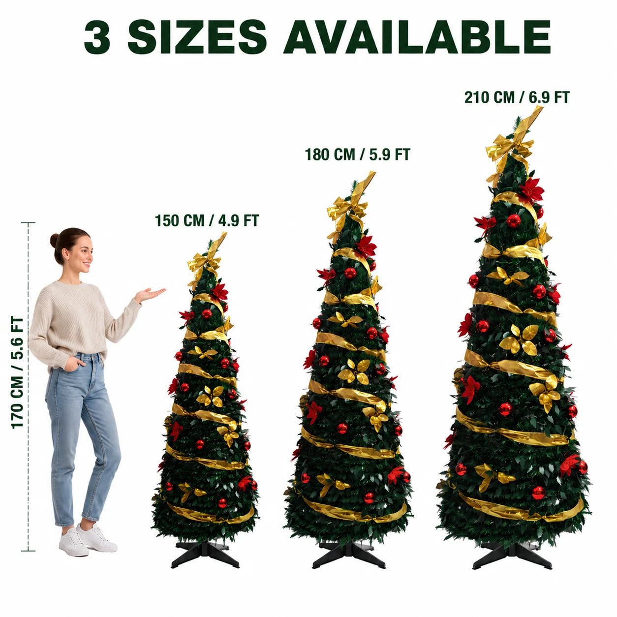 Green PVC Christmas Tree 1.5/1.8/2.1M Pre-Decorated Bow Topper Flowers,Foldable Xmas Tree Optional USB Lights Holiday Home Decor