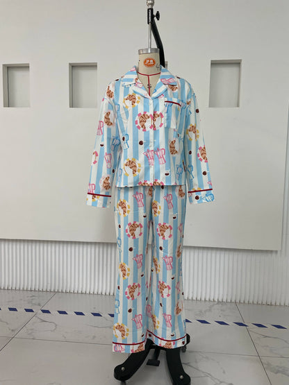 Hirigin Women's 2 Piece Lounge Set Fashion Long Sleeve Pattern Print Shirt Wide Leg Pants Sleepwear Sets for Winter Fall