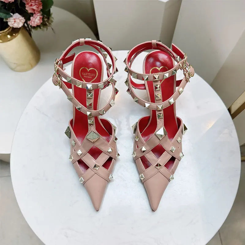 2026 Spring/Summer New High Heel Riveted Sandals Pointed Fine Heel Sandals Riveted Single Shoes