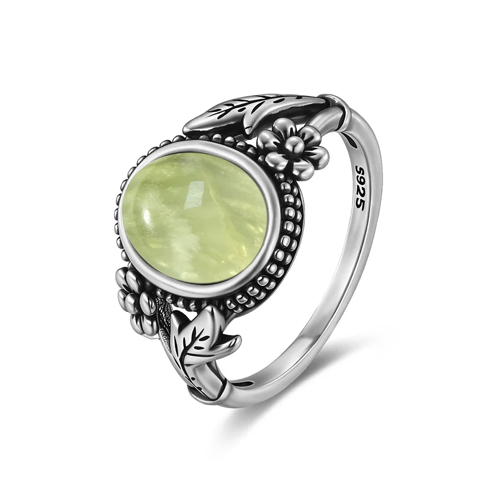 925 Sterling Silver Ring With Natural Prehnite Stone 8*10mm Oval Shape With Crystal Flower Design Gifts Fine Jewelry For Women