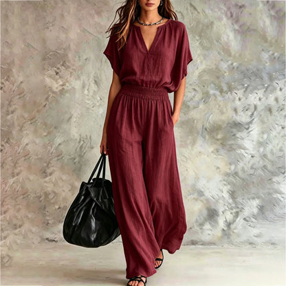 Women Casual Cotton Linen 2 Piece Outfit Summer Loose V Neck Short Sleeve Top Elastic High Waist Wide Leg Pants Set With Pockets