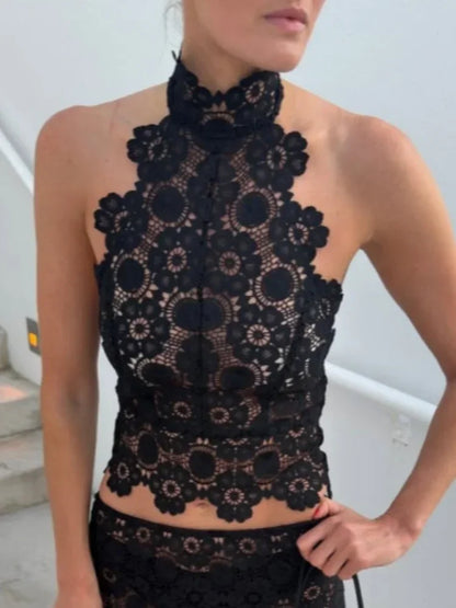 Women Black Halter Hollow Lace Two Piece Skirt Set Sleeveless Stand Collar Slim Camisole 2026 Bar Nightclub Party Evening Outfit