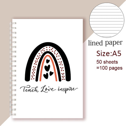 A5 Spiral Notebook - Teach Love Inspire - Rainbow Note Book Writing Pad Journal Teacher Life Day Gift Appreciation Floral Design