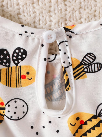 Single-Piece Baby Girl Casual Dress for Spring and Summer, Cute Style, Milk Silk, Fun Cartoon Bee Digital Print Pattern, Mesh Baby Girl Dress