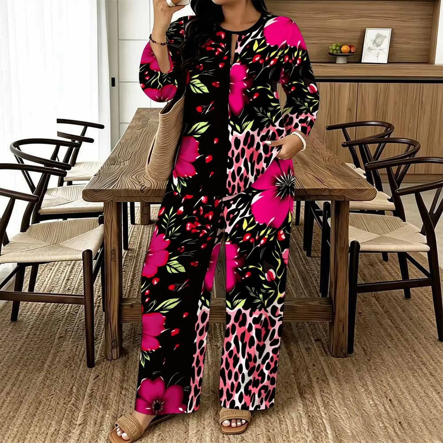 Women Spring/summer Fashion Print Two Piece Set  Exercise Round Neck T-shirt Casual Vacation Sweatpants