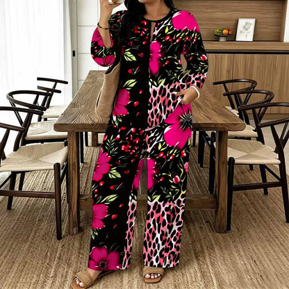 Women Spring/summer Fashion Print Two Piece Set  Exercise Round Neck T-shirt Casual Vacation Sweatpants