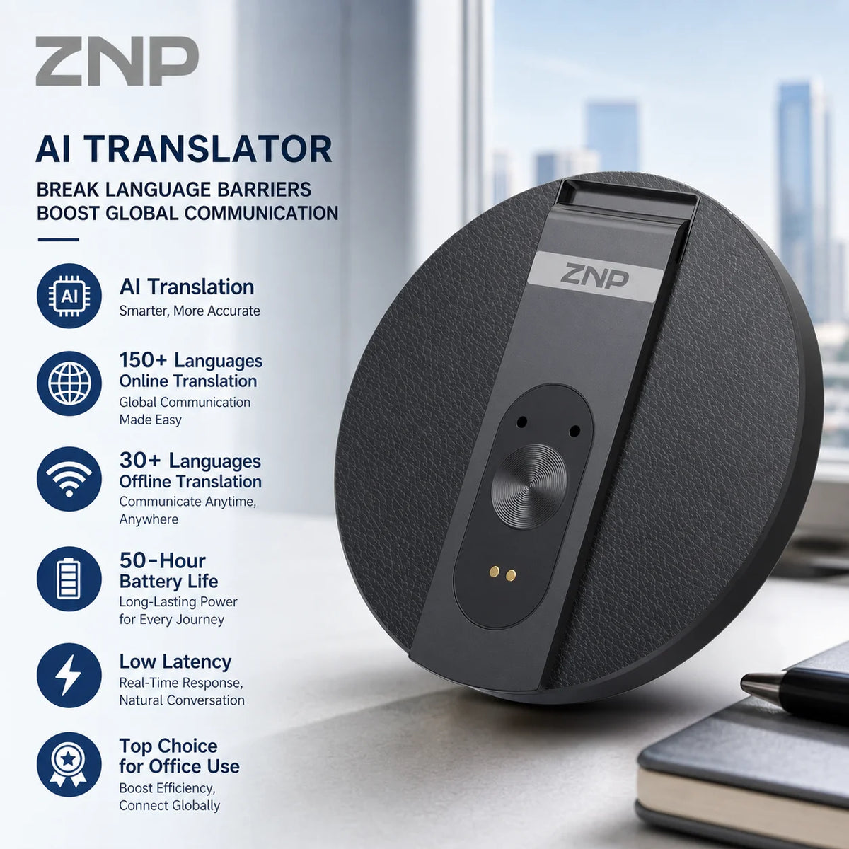ZNP Ultra-thin AI Voice Translator Instant Professional Portable Wireless Magnetic Foldable Phone Stand 50Hrs Playback ForOffice