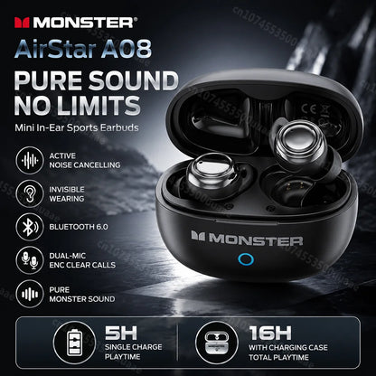 Monster A08 ANC Bluetooth 6.0 Earbuds Mini Invisible In-Ear Sports Ear Buds Active Noise Cancellation TWS Wireless Earphone