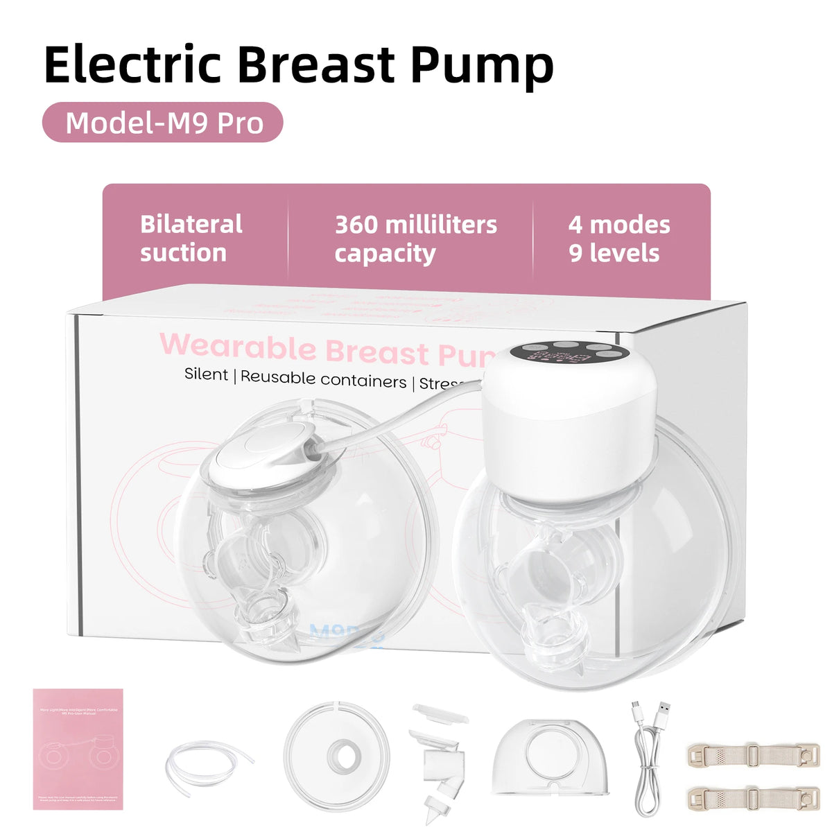 2-in-1 Wearable Breast Pump Hands Free Electric Breast Pumps Comfort Milk Collector W/ LCD Display 4 Modes & 9 Level,300mmHg MAX