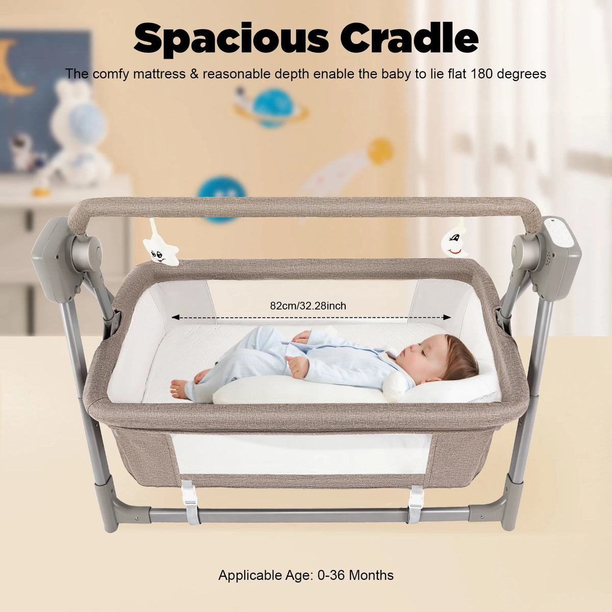 Baby Cradle Swing with Music, 5 Speed Electric Crib Auto Rocking Chair Bed, Foldable Baby Rocker for 0-36 Months, Khaki