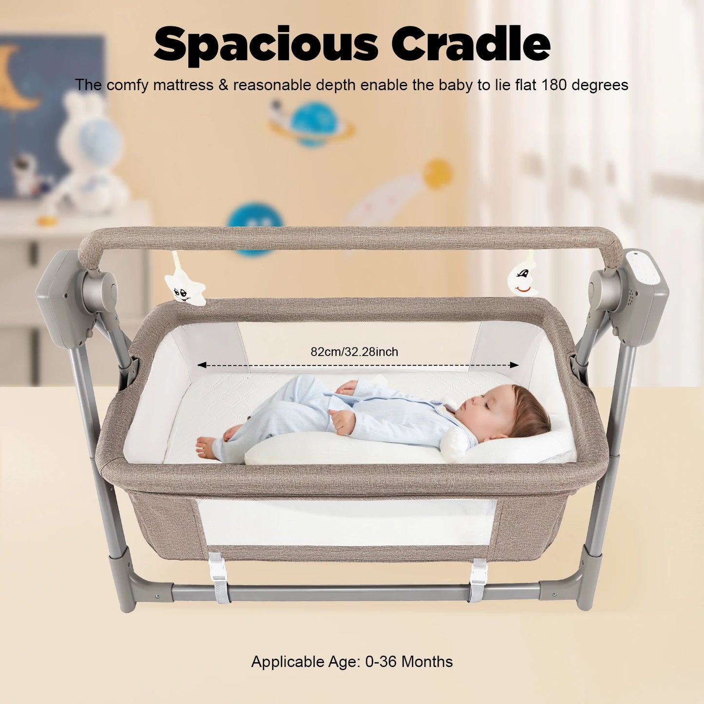 Baby Cradle Swing with Music, 5 Speed Electric Crib Auto Rocking Chair Bed, Foldable Baby Rocker for 0-36 Months, Khaki