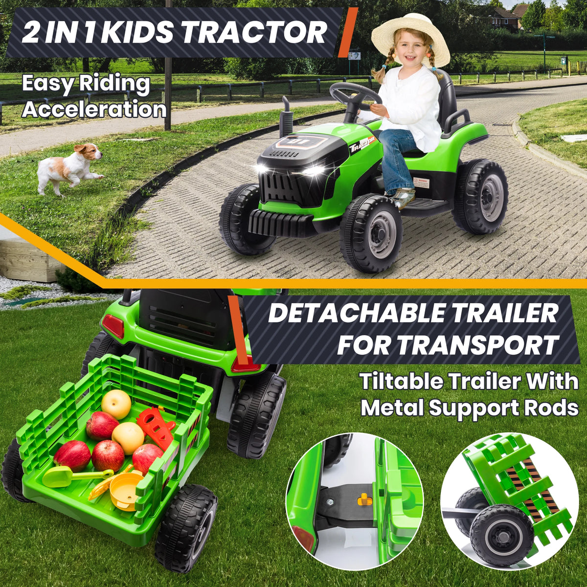 24V Ride On Tractor for Kids, Electric Ride On Toys W/400W Motors, Tiltable & Detachable Trailer, Adjustable Seat, Bluetooth, Mu