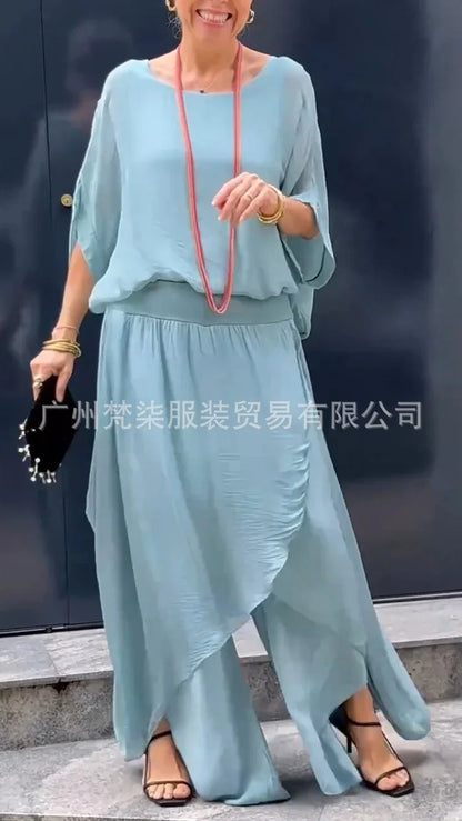 2025 Summer Fashion Women's Solid Color Casual Trendy Loose 2 Piece Chiffon Sets O-neck Short Sleeve T-shirts Wide Leg Trousers