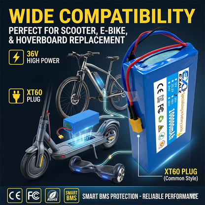 36V Hoverboard Scooter Battery 10S2P 100Ah 18650 Rechargeable Lithium Pack for Skateboard Ultra Thin BMS XT60 Plug