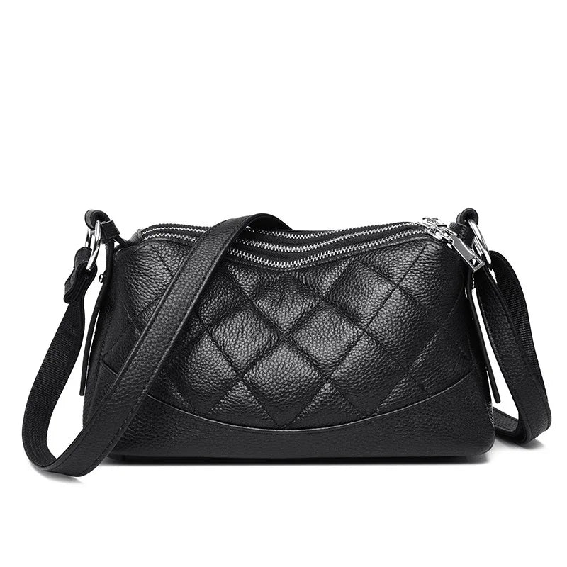 Real leather triple zipper women's large capacity shoulder bag lightweight Rhombus commuting crossbody bag