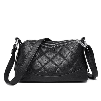Real leather triple zipper women's large capacity shoulder bag lightweight Rhombus commuting crossbody bag
