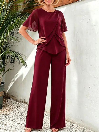 Women's Casual Pants Set Chiffon Breathable Solid Color Round Neck Short Sleeve Loose Irregular Top + Wide-leg Pants 2-piece Set