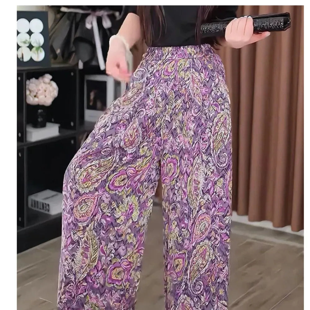 2025  High Waist Summer New Style Printing Pocket Sunscreen Ice Silk Pants Fashion Loose Temperament Wide Leg Straight Trousers